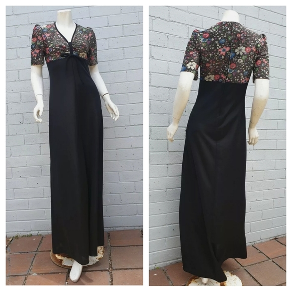 VTG 1970s Lurex Lame Metallic Floral Print Bow Maxi Cocktail Gown Dress Small 8 - Picture 3 of 9